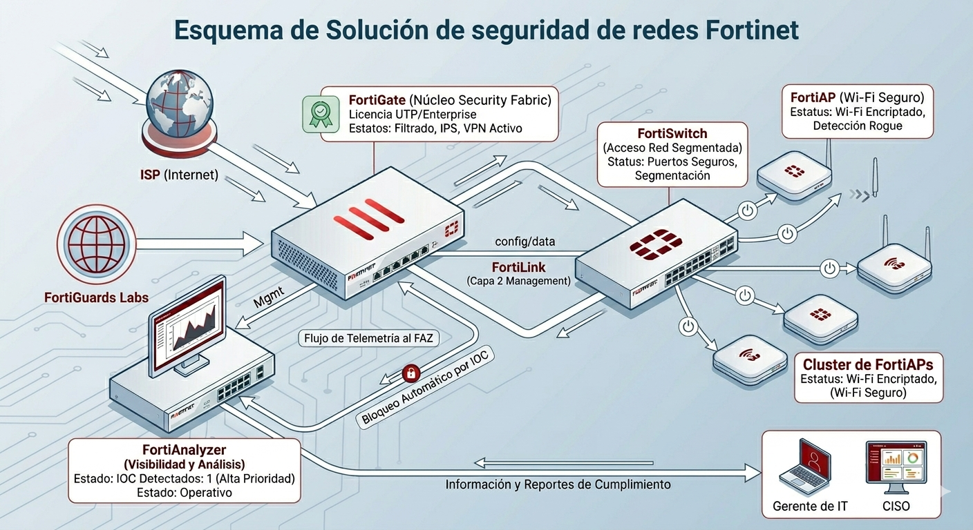 Esquema de red Fortinet con Firewall, Switch, Access Points y Analyzer